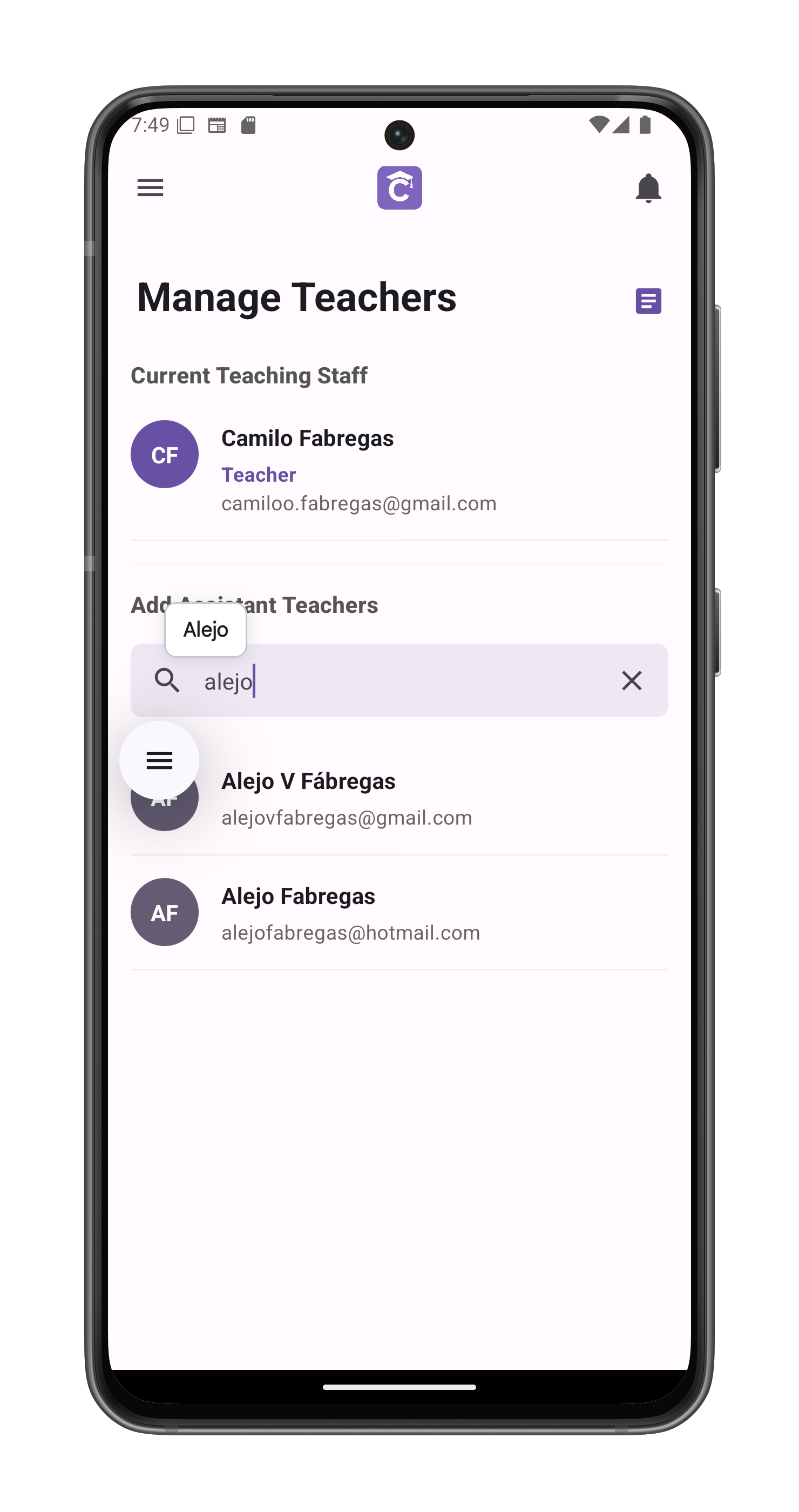 Teacher Management Screen