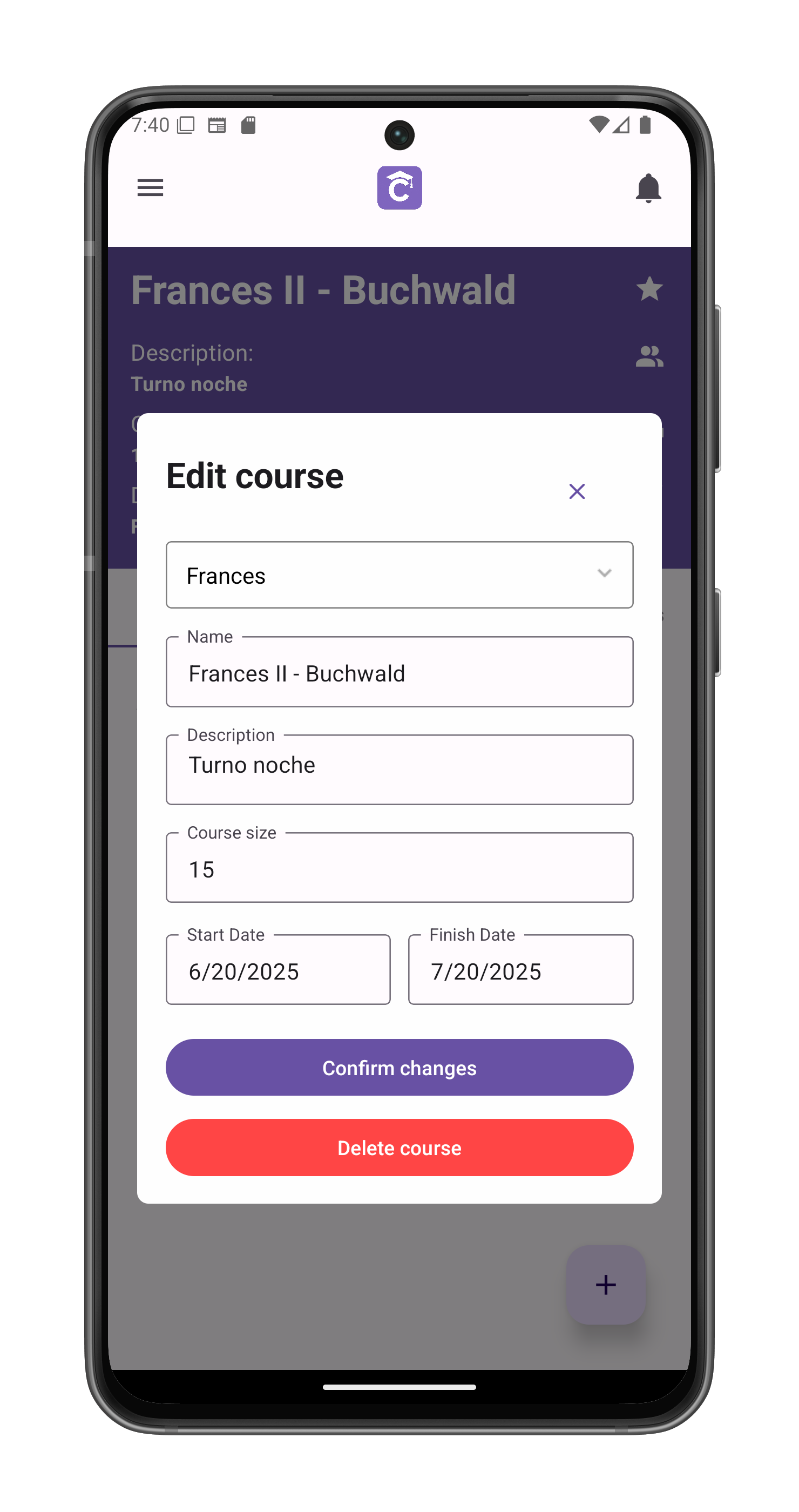 Course Editing Screen